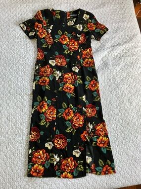 Y2K Sag Harbor Black Midi Dress with Orange and Cream Floral Print